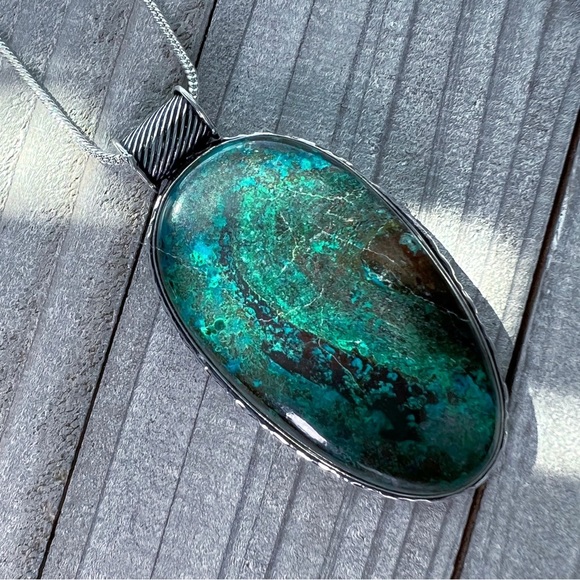 Jewelry - Large Chunky Chrysocolla Pendant Necklace Sterling Silver 925 Vintage Style New